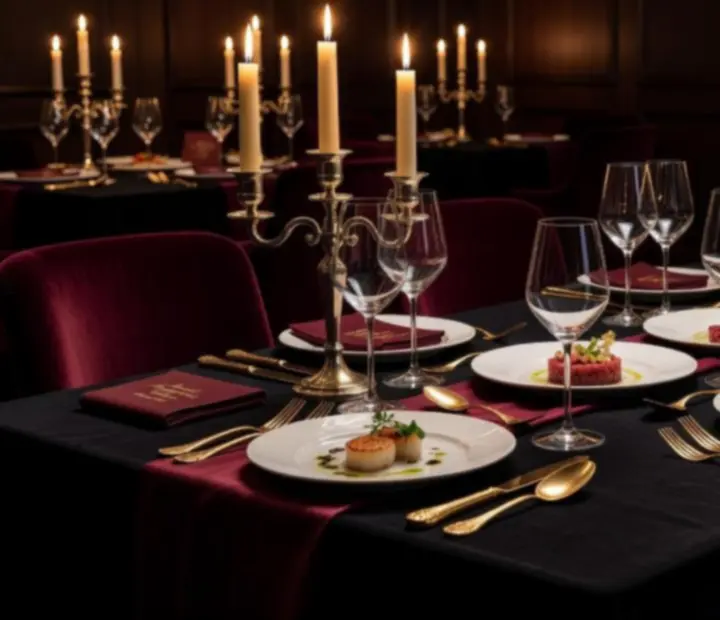 Table gastronomique dressée pour une soirée membres avec verres de vin et lumières douces.