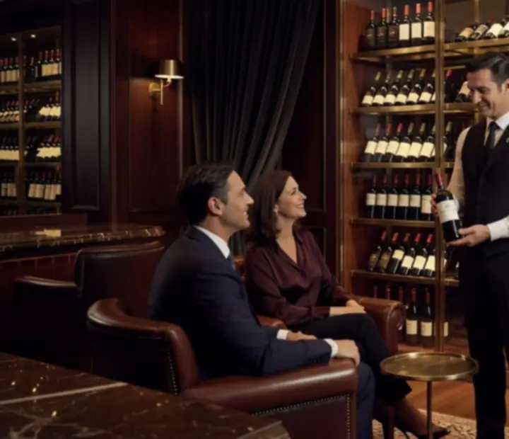 Bar à vins sombre avec cave vitrée et bouteilles éclairées par une lumière dorée.