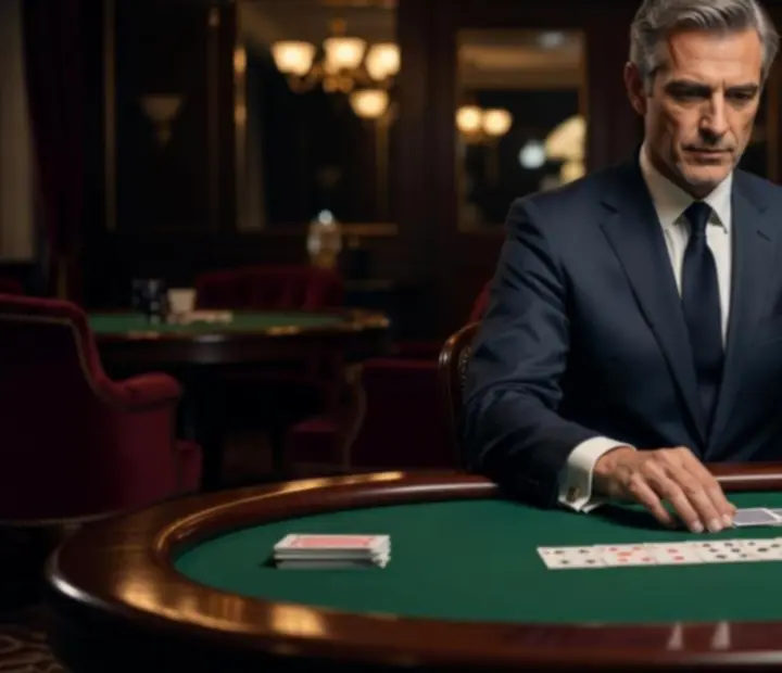 Croupier professionnel distribuant des cartes sur une table de poker éclairée