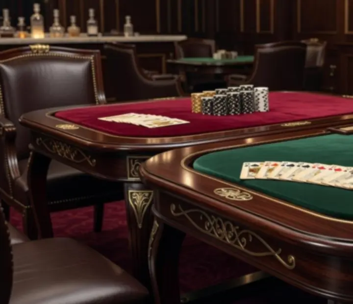 Table de poker artisanale avec finitions en laiton brossé et tapis personnalisé.