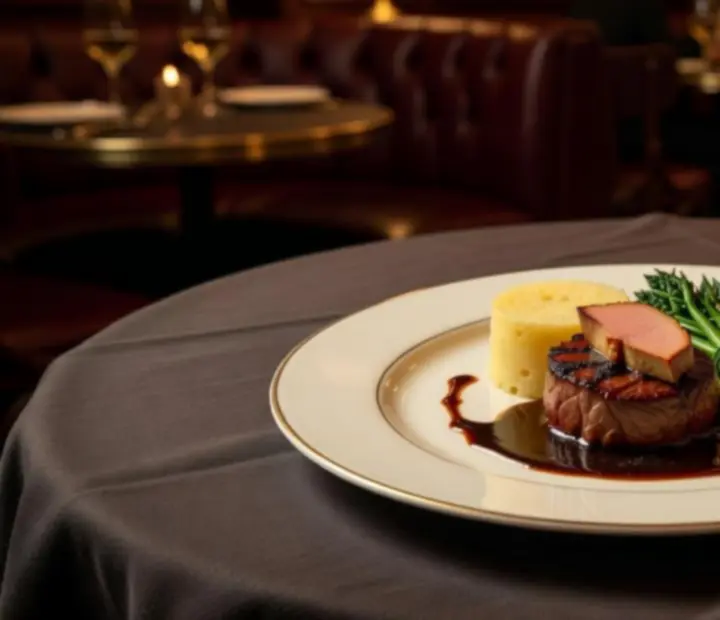 Table dressée pour un dîner à thème gastronomique avec éclairage feutré.