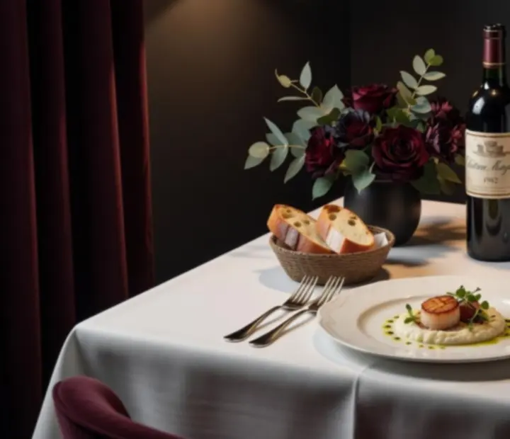 Mise en place gastronomique avec nappes de lin, verres à vin et couverts argentés sous une lumière tamisée.
