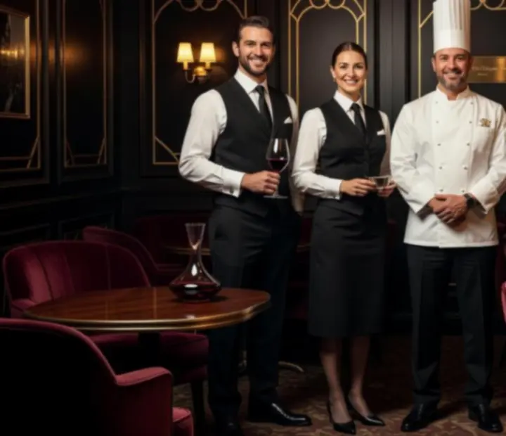 Équipe de la maison Allve Rique, chef, sommelière et croupiers réunis dans un salon feutré.