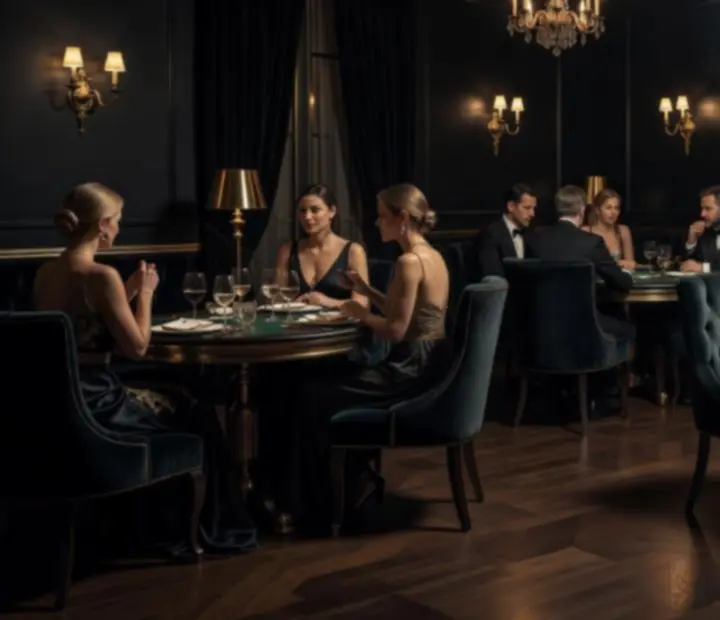 Grande salle à manger nocturne avec tables de poker sur-mesure, chaises en velours bordeaux et lumières tamisées.