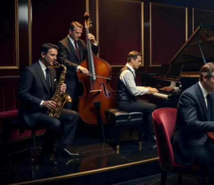 Musiciens de jazz jouant en live autour de tables de cartes dans une lumière tamisée.