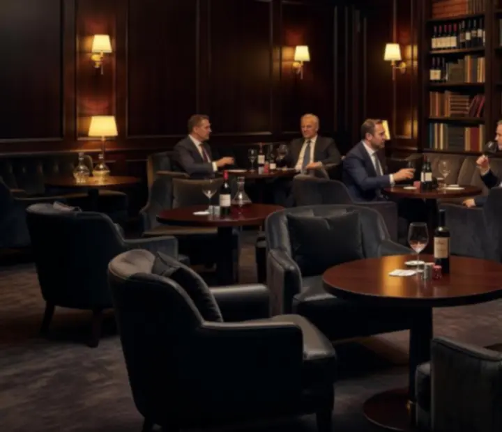 Lounge feutré où des membres échangent autour d’une table, entre atmosphère de bar à vin et salon de cartes.