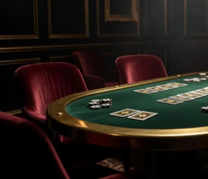 Lounge de poker privé avec tables de poker, chaises capitonnées et lumières dorées.