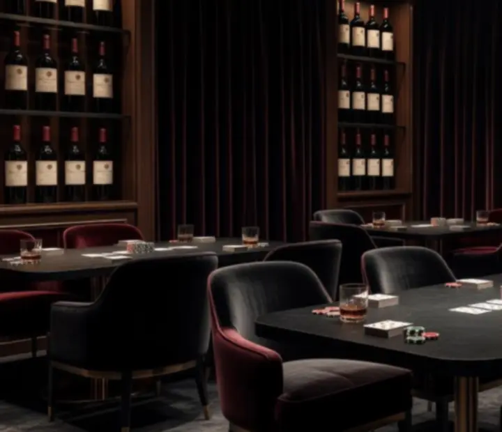 Lounge bordeaux velours illuminé pour une nuit dédiée aux vins rares.