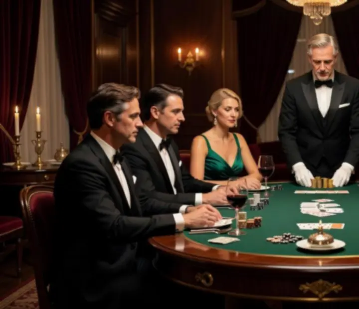 Soirée privée de poker hors-ligne dans un salon tamisé avec joueurs autour d&rsquo;une table.