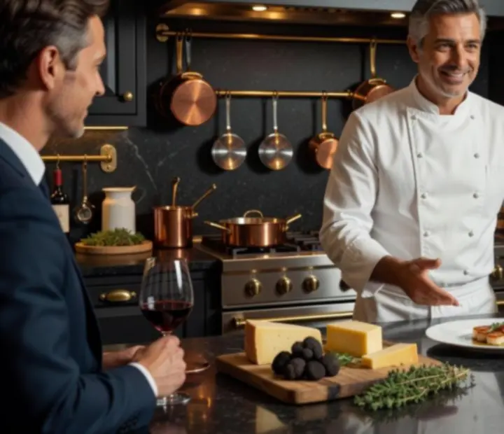 Chef échangeant avec des convives dans la lumière chaude de la cuisine ouverte.