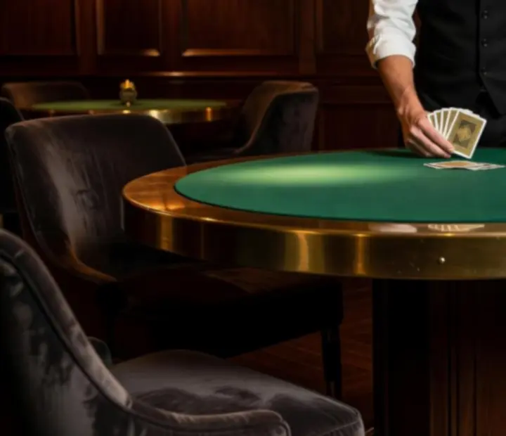Salon de cartes privé avec table de poker sur-mesure, fauteuils en velours et lumière tamisée.