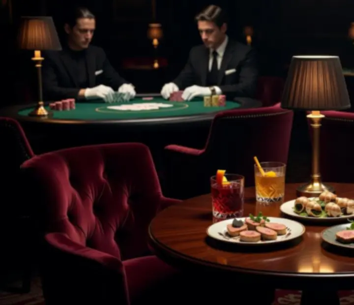 Table de poker habillée de mets raffinés, jetons de tournoi et lumière tamisée.