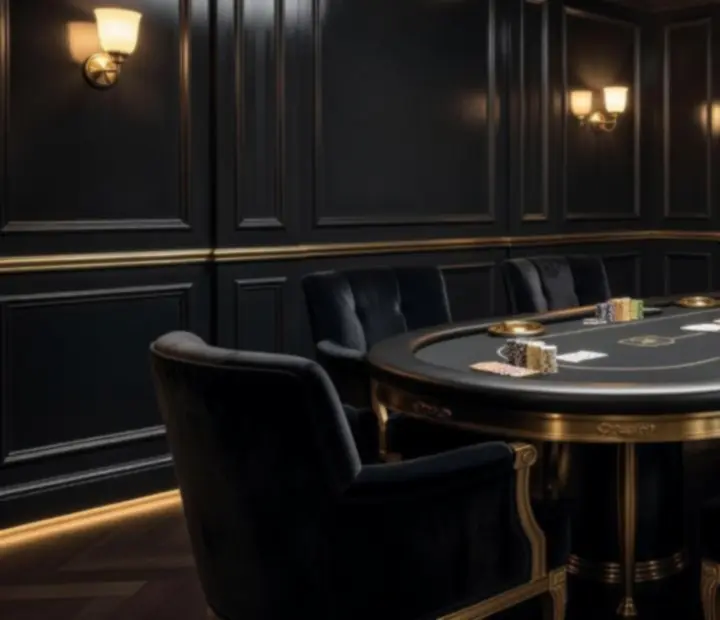 Salon privé de poker avec fauteuils en velours et lumière tamisée