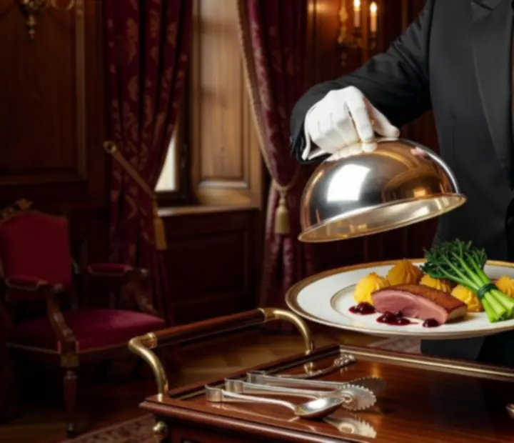 Serveur effectuant un service à la française, dressage précis d'une assiette sous lumière chaude.