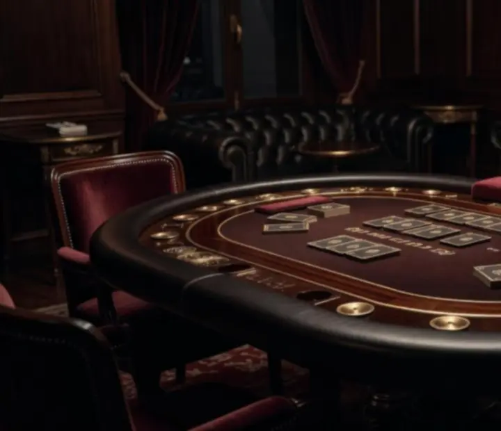 Table de poker sur-mesure en cuir noir et laiton dans un salon feutré